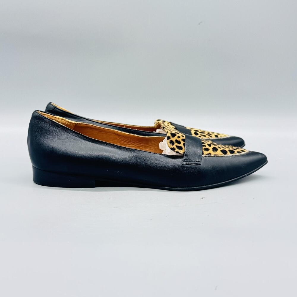 Flattered Shoes Women 8 Black Leather Leopard Calf Hair Loafer Flats Pointed Toe